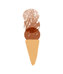 Cute Hand Drawn Nursery Vector Illustration with Three Scoops of Fruit Ice Cream in a Waffle Cone. Light and Dark Brown Scoops on a White Background. Chocolate Ice Creams.