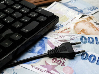 Electricity price increase. Turkey economic crisis. Home economy concept. Turkish coins. Electricity concept.