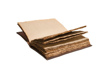 An open empty old notebook isolated on a white background.