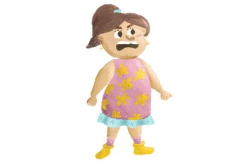 Cartoon angry cute girl in pink dress stands isolated