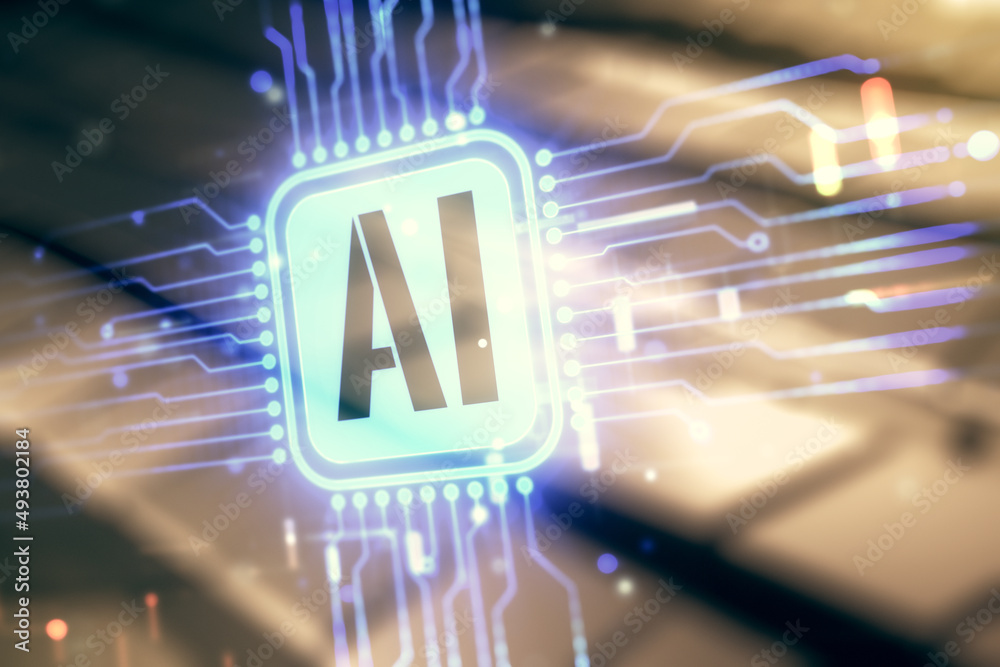 Aufkleber Double exposure of creative artificial Intelligence icon on blurry metal background. Neural networks and machine learning concept