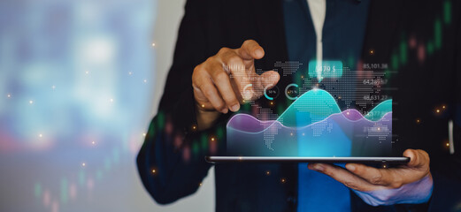 Business man trader investor using computer analysis for cryptocurrency financial market. Concept for trading fund data index statistic chart graph on laptop screen.