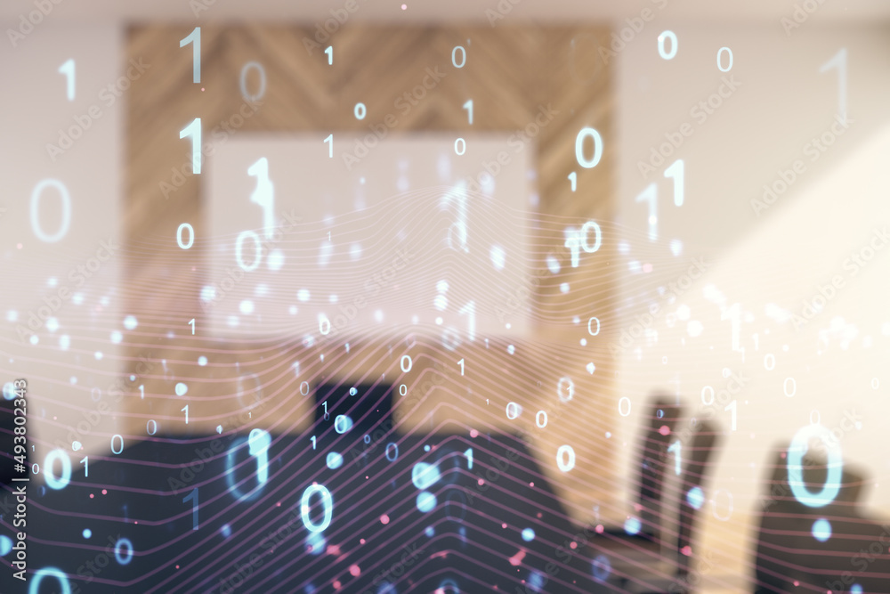 Aufkleber Abstract virtual binary code hologram on a modern coworking room background, AI and machine learning concept. Multiexposure