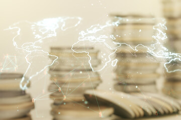 Abstract creative digital world map on coins background, globalization concept. Multiexposure