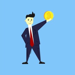 Male businessman in a black business suit with a bitcoin in his hand.  Digital bank. Cryptocurrency concept. Isolated vector illustration.