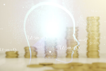 Abstract virtual artificial Intelligence concept with human head sketch on coins background. Double exposure