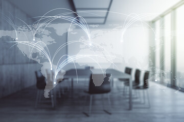Double exposure of abstract digital world map hologram with connections on a modern meeting room...