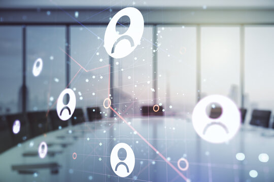 Abstract virtual social network hologram on a modern coworking room background. Double exposure - Powered by Adobe