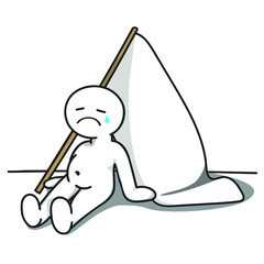 hand drawn vector illustration of very sad cartoon human. an upset child in front of a white flag, symbolizing defeat 