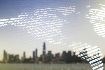 Virtual digital map of North America on blurry skyline background, international trading concept. Multiexposure