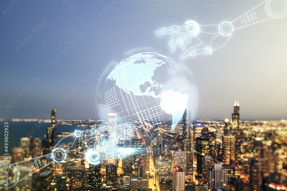 Aufkleber abstract virtual robotics technology hologram with globe on chicago cityscape background, artificial
