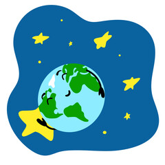 Planet Earth sleeps in the night sky among the stars. Cute character poster for Earth Day, World Sleep Day, Earth hour, Environment Day