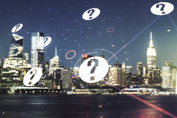 Abstract virtual question mark illustration on New York city skyline background. FAQ and search concept. Multiexposure