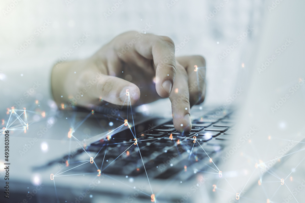 Poster creative concept of wireless technology and hands typing on laptop on background. big data and datab