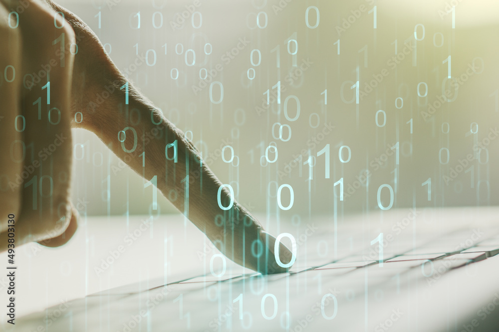 Aufkleber creative abstract binary code hologram and hands typing on computer keyboard on background, ai and m