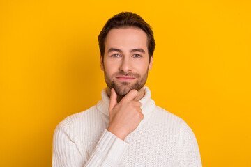Photo of clever businessman bearded guy finger chin search solution wear white pullover isolated yellow color background