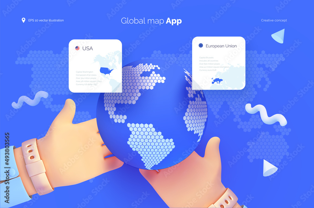 Poster hands hold a globe. world map user interface. mobile application for travel and tourism. country sta
