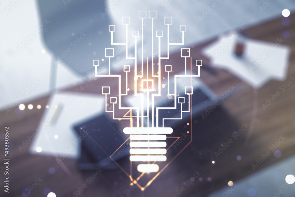 Poster creative light bulb illustration with microcircuit and modern desktop with pc on background, future 