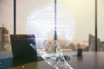 Abstract creative digital world map and modern desktop with pc on background, globalization...