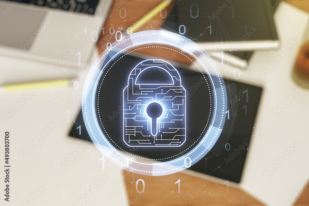 Poster creative idea concept with lock symbol and microcircuit illustration and modern digital tablet on ba