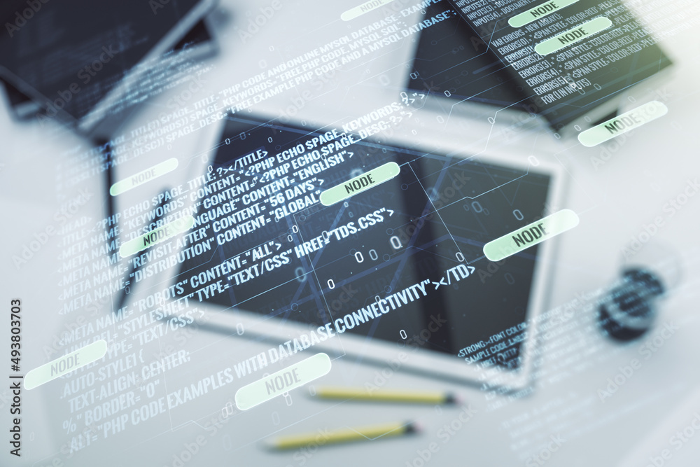 Poster double exposure of abstract programming language hologram and digital tablet on background, top view