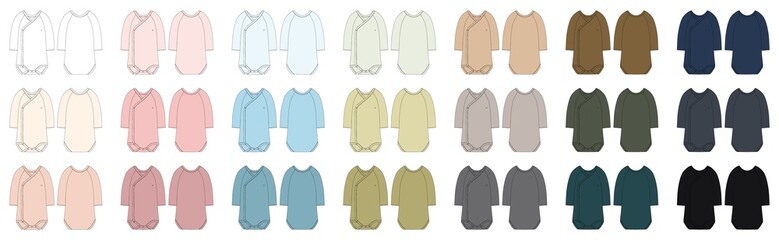 Set of onesie with a crossover neckline and long sleeves. Baby colored body wear mock up.