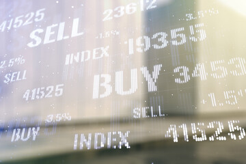 Fototapeta premium Double exposure of virtual creative financial diagram on contemporary business center exterior background, banking and accounting concept