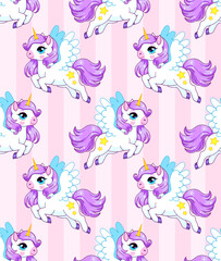 White pegasus on pink background. Vector seamless pattern in pastel colors