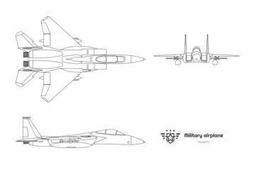 Outline military airplane blueprint. Top, side, front view of aircraft. Isolated contour warcraft. USA army plane. Jet fighter industry print. War aviation drawing
