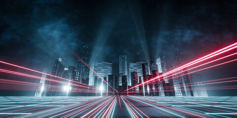 Fototapeta na wymiar 3d rendering cityscape with red and light blue light trail on road. Concept city, downtown district, town at night with bright neon light.