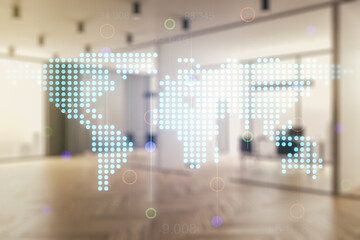 Fototapeta na wymiar Multi exposure of abstract graphic world map hologram on a modern furnished office interior background, connection and communication concept