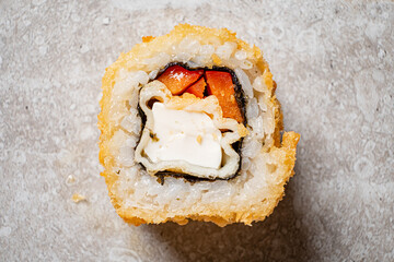 sushi with tempura, top view