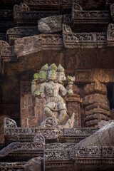 Statues of deities depicting war figures warriors at the 800 year old Sun Temple Complex, Konark, India. Hindu Indian Temples