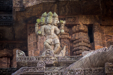 Statues of deities depicting war figures warriors at the 800 year old Sun Temple Complex, Konark, India. Hindu Indian Temples