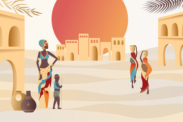 African women walk in the desert, plants, abstract shapes and landscape, city in the desert and sun. Abstract posters in minimalistic style.