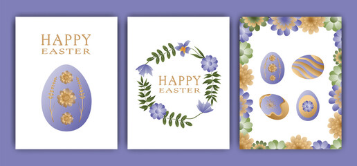 Easter vector illustration, set of three cards. Rabbits, wreaths and flowers, Easter eggs. Gradient, postcards with words, wishes for happy Easter