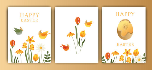 Fototapeta premium Easter vector illustration, set of three cards. Rabbits, wreaths and flowers, Easter eggs. Gradient, postcards with words, wishes for happy Easter