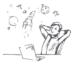 The boy dreams of the cosmos.