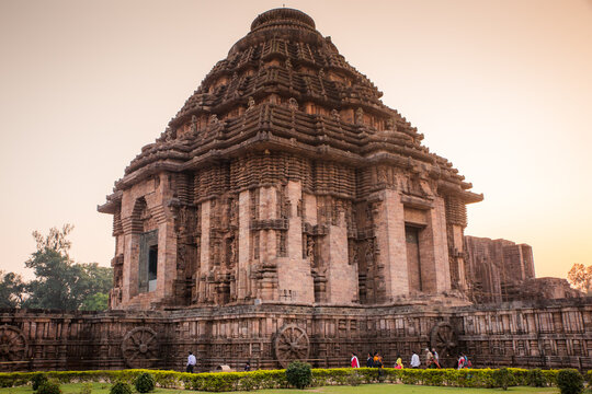 800 year old Sun Temple, Konark Odisha, India. Designed as a chariot consisting of 24 wheels which are sundials to measure movement of sun and planets. Unesco World Heritage Site.