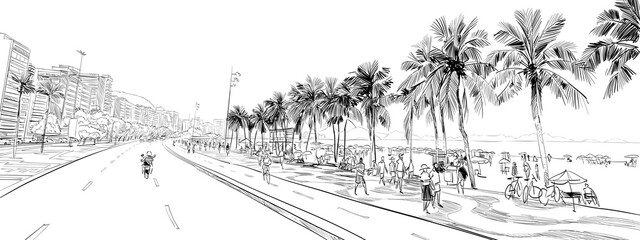 Copacabana beach. Rio de janeiro. Brazil. Hand drawn city sketch. Vector illustration. - 493806166
