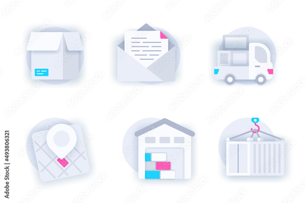 Poster delivery service web concept of 3d paper icons set. pack flat pictograms of parcel box, letter in en