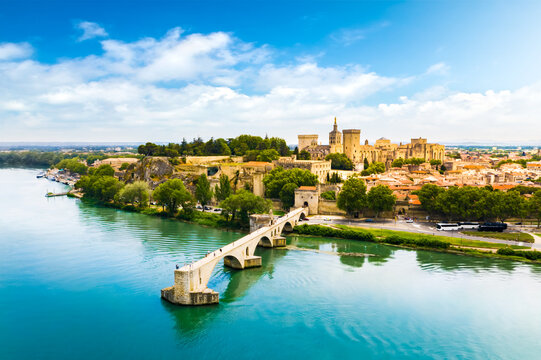 Pont Saint Benezet bridge and Rhone river aerial panoramic view in Avignon, France