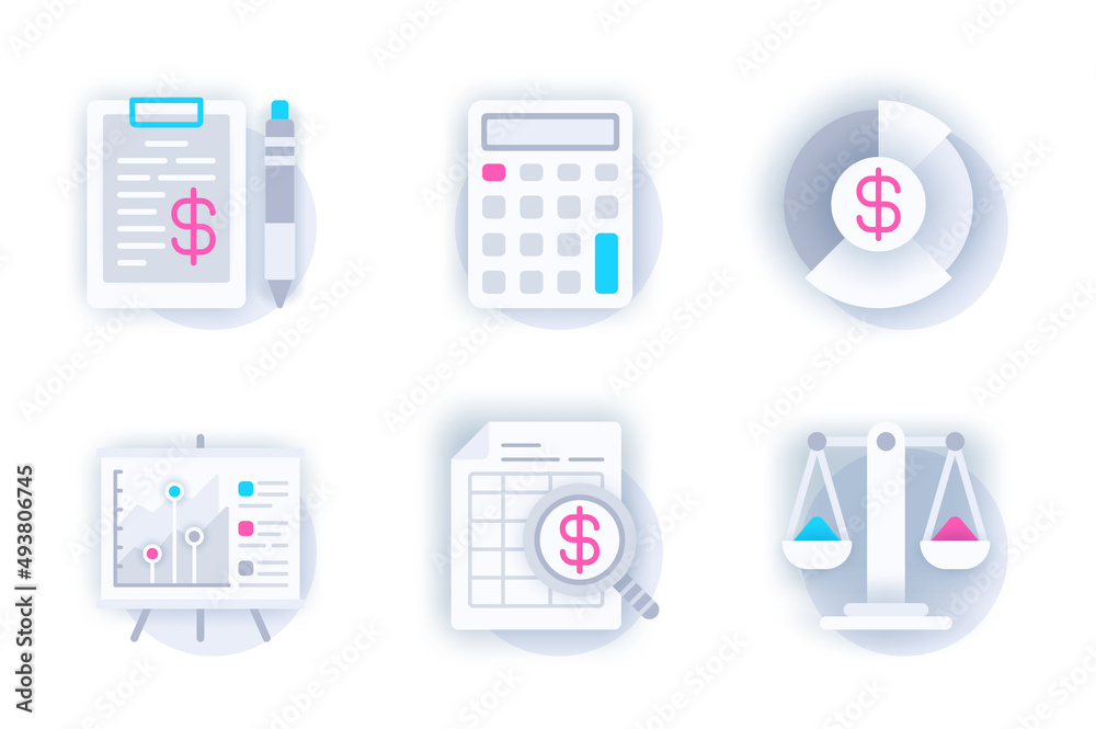 Poster financial report web concept of 3d paper icons set. pack flat pictograms of calculation, study of fi