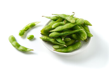 green soybeans on white background