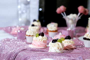 The candy bar with a large selection of different desserts