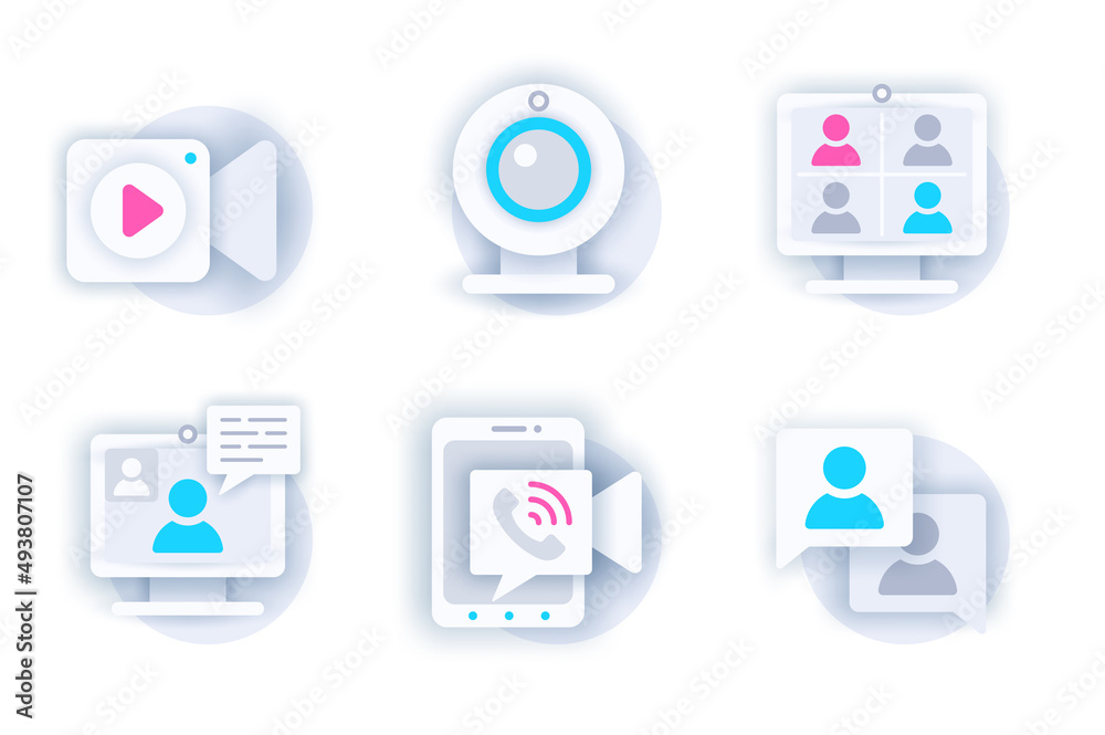 Fototapete video conference web concept of 3d paper icons set. pack flat pictograms of cameras, screen with gro