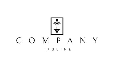 Vector logo on which an abstract image of a palm tree on an island with the sun above it.