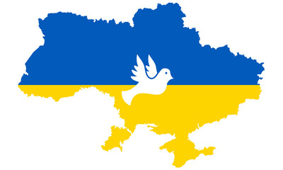 Ukraine Country on Blue, Yellow Map with Dove Silhouette Icon. Ukrainian Map with Pigeon Symbol of Freedom, Peace. Ukraine Territory Shape with Border Pictogram. Isolated Vector Illustration