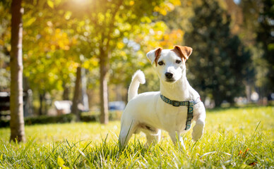 Portrait of cute jack russell terrier dog at the park.