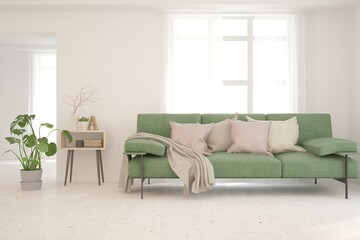 White living room with sofa. Scandinavian interior design. 3D illustration